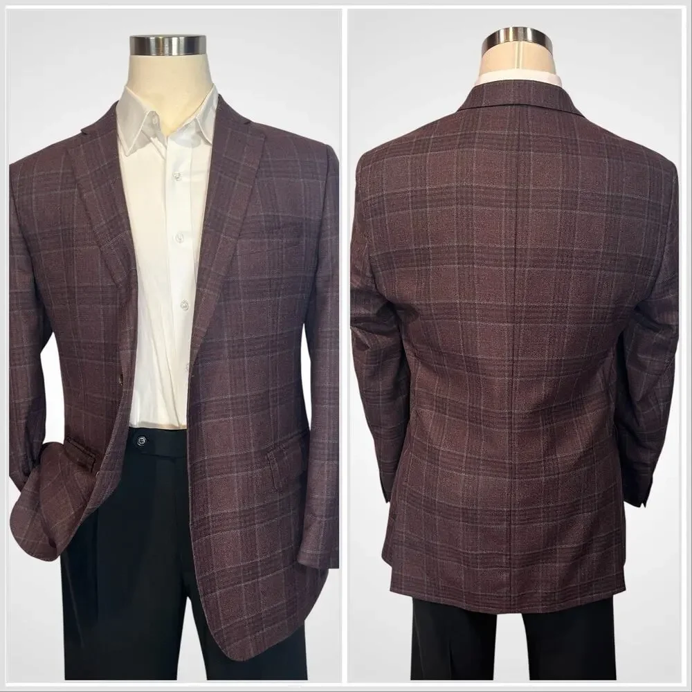 Ermenegildo Zegna Traveller Australian Wool Heathered Merlot Burgundy Plaid 44L